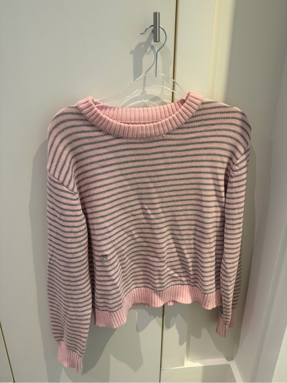 Frankie's Bikinis Pink and Gray Striped Crewneck Sweater